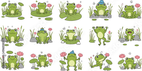 Cute frog characters collection with pond plants lotus flowers and funny poses cartoon vector illustration set
