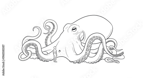 A captivating line art illustration portraying the colossal size of an oceanic octopus next to a