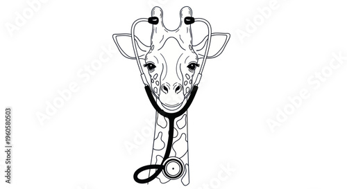 Giraffe with stethoscope medical illustration on white background