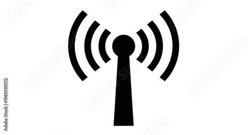 Black silhouette of a signal tower emitting radio waves, representing wireless communication and technology.