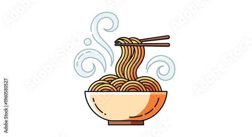 Steaming Hot Noodles in Bowl with Chopsticks, Asian Food, Delicious Meal