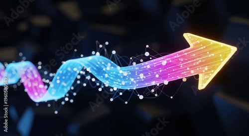 Abstract glowing arrow moving forward with network connections and particles