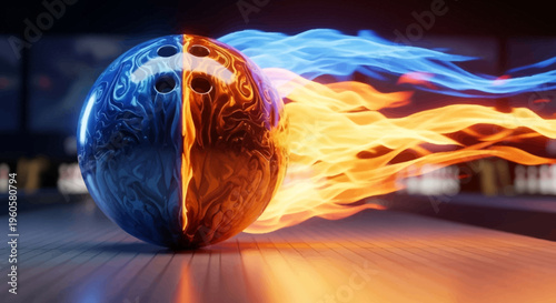 Bowling ball on fire and ice, symbolizing competition and intensity on a lane