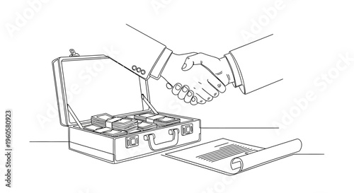 Business Deal Handshake Over Open Briefcase Full of Money, Contract Rolled Out