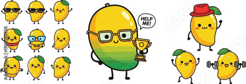 Cute mango character collection funny fruit mascot with different emotions cartoon vector illustration set