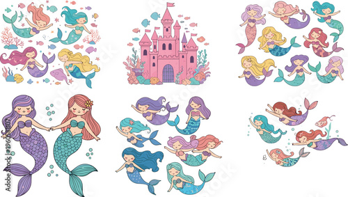 Cute mermaid characters and underwater fantasy collection with castle sea creatures and magical ocean scenes vector illustration set