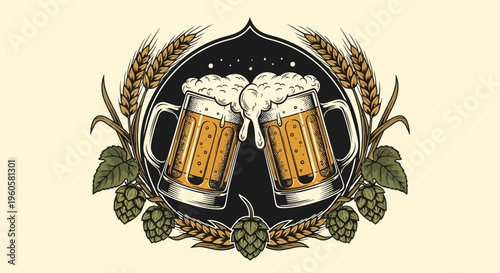 Cheers! Two Mugs of Beer with Hops and Wheat, Oktoberfest Celebration