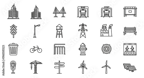 Cityscape Icons: Urban Elements Collection - Buildings, Transport, Infrastructure
