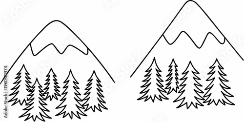 Simple black and white illustration of two mountains with evergreen trees