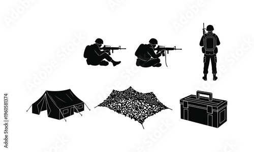Military camp vector set, silhouette illustration, line art, soldiers and equipment