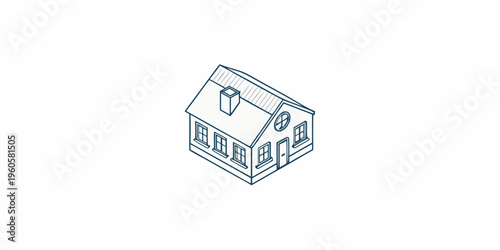 Simple line drawing of a quaint house with a chimney and windows