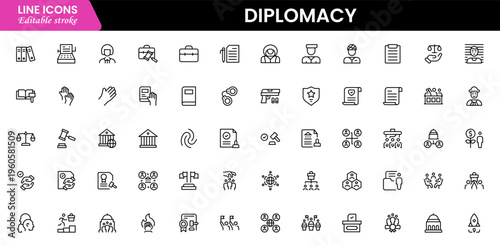 The diplomacy outline icon set comprises spoken and written communication, leaders, diplomats, the international system, and foreign policy. Editable stroke outline icon.