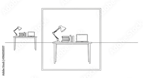Minimalist line art illustration of a modern workspace with desk, laptop, books, and lamp