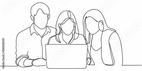 Three people viewing a laptop in a continuous line drawing style