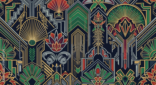 Art Deco Geometric Pattern: Ornate Floral and Fan Motifs on Dark Blue Background