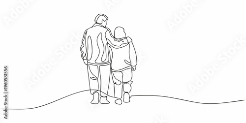 Couple embracing while overlooking a landscape drawn in a single line