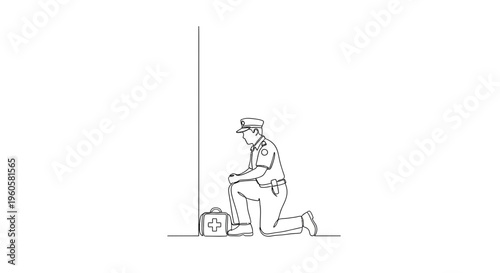 A poignant continuous line illustration of a dutiful first responder kneeling with a first aid