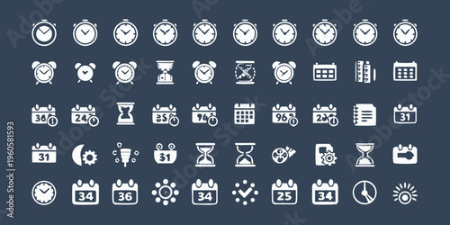 Collection of various white clock calendar and time related icons