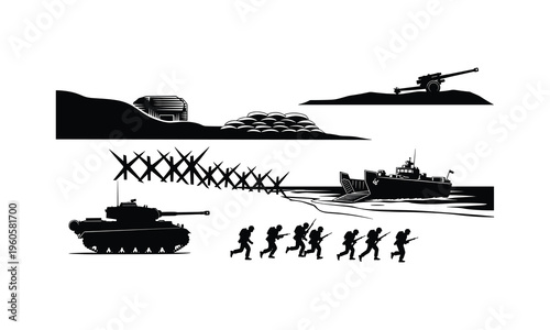 Military vehicles and battle scene elements silhouette vector illustration line art
