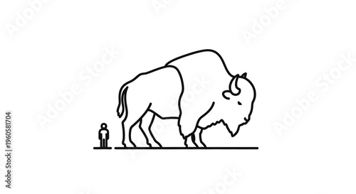 Minimalist line art illustration comparing the impressive scale of a wild bison to an average