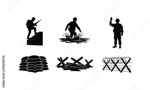 Military soldiers and defensive structures silhouette vector illustration line art set