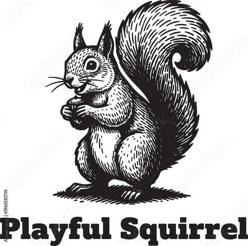 Playful squirrel holding acorn on white background