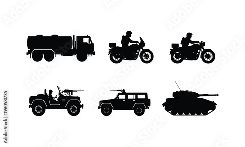 Military vehicles vector set with armored tank truck jeep and motorcycle silhouettes design