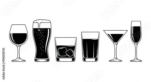 Assorted Alcoholic Drinks in Glasses: Beer, Wine, Whiskey, Martini, Champagne