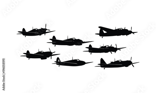 Vintage fighter plane squadron vector silhouettes flying in formation for air combat scene