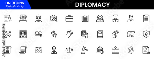 The diplomacy outline icon set comprises spoken and written communication, leaders, diplomats, the international system, and foreign policy. Editable stroke outline icon.