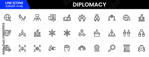 The diplomacy outline icon set comprises spoken and written communication, leaders, diplomats, the international system, and foreign policy. Editable stroke outline icon.