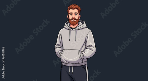 Bearded Man in Hoodie and Joggers Standing with Hands in Pockets, Casual Style