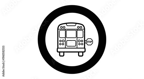 Monochrome icon depicting school bus rear view with stop sign, emphasizing student journey safety