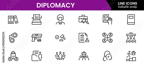 The diplomacy outline icon set comprises spoken and written communication, leaders, diplomats, the international system, and foreign policy. Editable stroke outline icon.