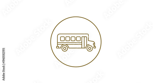 Minimalist line art illustration of a classic school bus icon encased in a clean circular frame