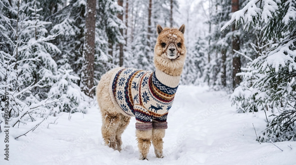 Obraz premium Adorable Fluffy Alpaca Wearing Traditional Knitted Sweater in Snowy Winter Forest Representing Seasonal Comfort and Warmth