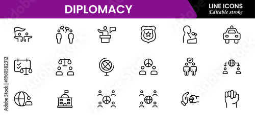 The diplomacy outline icon set comprises spoken and written communication, leaders, diplomats, the international system, and foreign policy. Editable stroke outline icon.