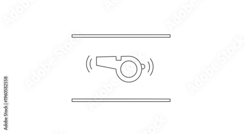 Minimalist line art icon of a sounding whistle centered between two horizontal guides, symbolizing