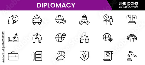 The diplomacy outline icon set comprises spoken and written communication, leaders, diplomats, the international system, and foreign policy. Editable stroke outline icon.