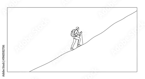 Dynamic continuous line art of a solitary adventurer ascending a steep incline with hiking gear
