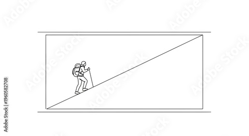 Single continuous line drawing of an adventurer with backpack and walking stick ascending a