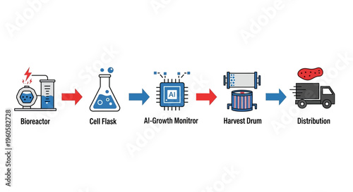 Infographic Diagram of Lab-Grown Meat Production Process Showing Bioreactor, Cell Flask, AI Monitoring, Harvesting, and Distribution
