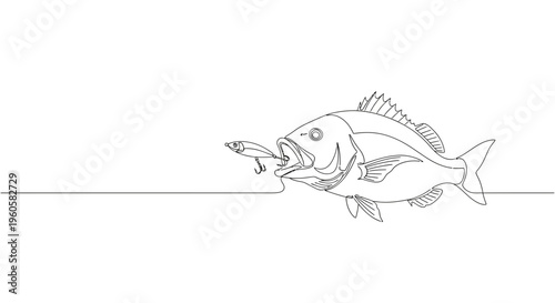Dynamic continuous line art of a fish striking a fishing lure with precision and grace