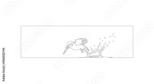 Elegant Kingfisher Bird Diving into Water with a Dynamic Splash Continuous Line Art Illustration