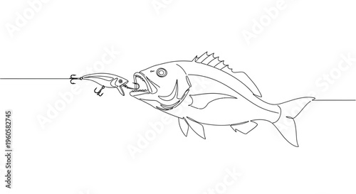 Elegant continuous line illustration of a large fish biting a tempting fishing bait