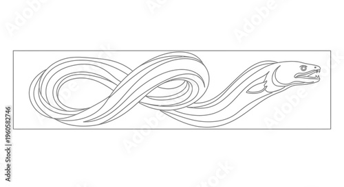 Elegant flowing line art depiction of a winding marine creature with a fierce expression a unique