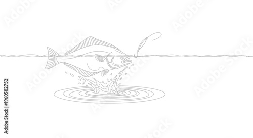 Elegant monochromatic illustration of a flatfish vigorously leaping from water, snared by an