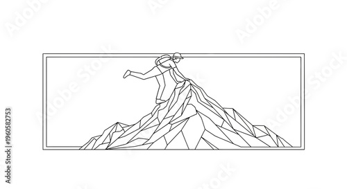 Minimalist geometric illustration of a determined adventurer ascending a sharp polygonal mountain