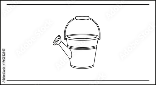 Minimalist monochrome line art illustration of a classic gardening watering can tool graphic