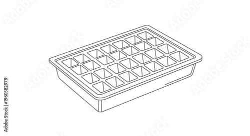 Outline drawing of a common household ice cube tray for chilling beverages and preserving food